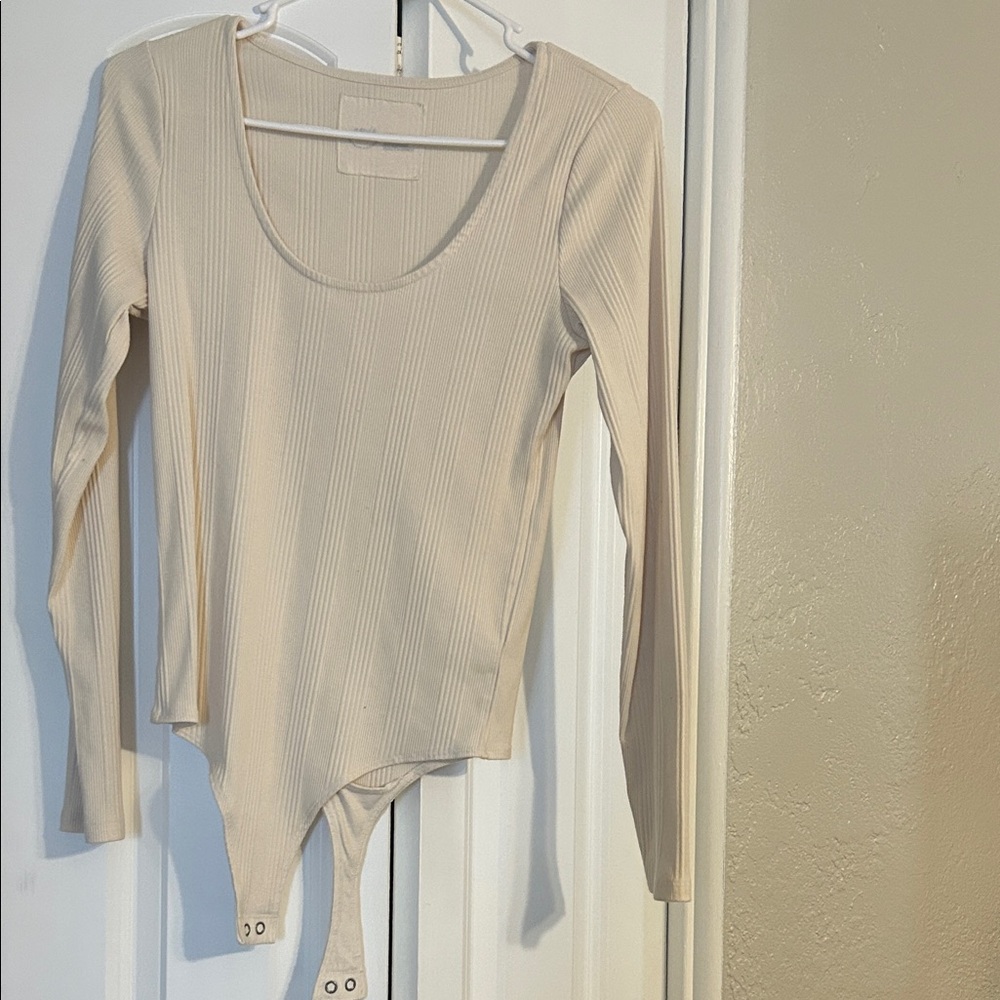 Aerie Beige Ribbed Long Sleeve Bodysuit